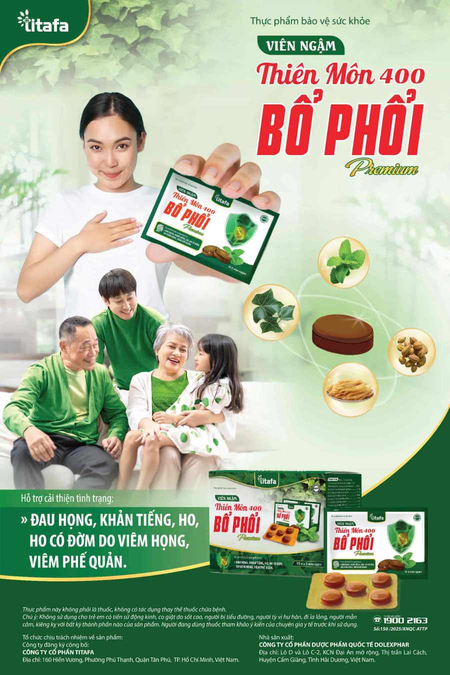 Viên Ngậm Thiên Môn 400 Bổ Phổi Premium Titafa - Hỗ Trợ Giảm Ho Đờm Hiệu Quả