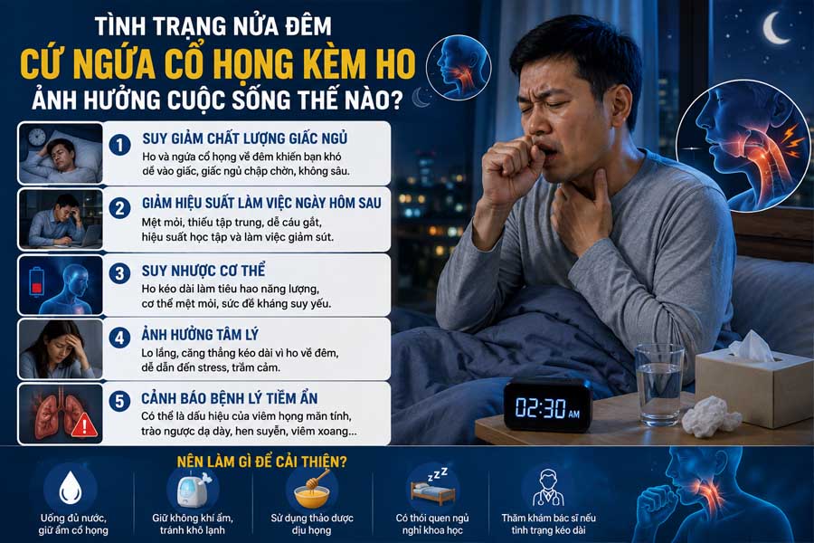 Tình Trạng Nửa Đêm Cứ Ngứa Cổ Họng Kèm Ho Ảnh Hưởng Cuộc Sống Thế Nào?