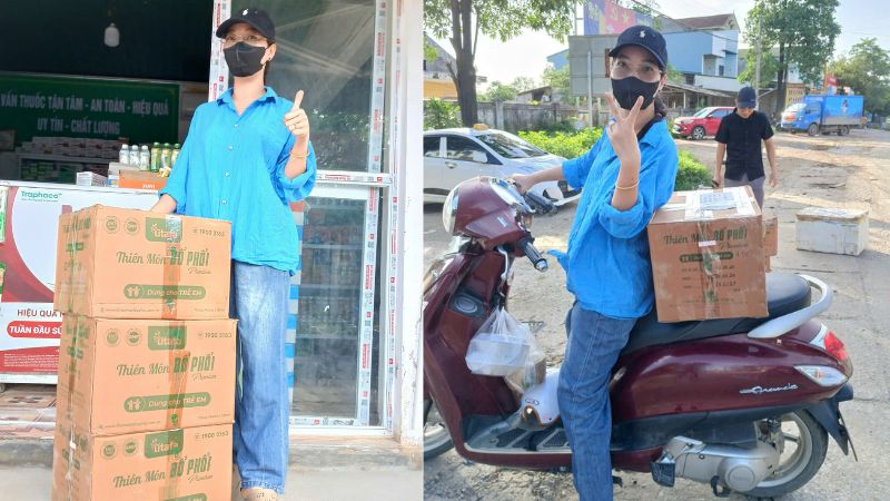 Chị Thủy – Chủ Quầy Thuốc Thuỷ Hồng trao tận tay những phần quà đến người dân